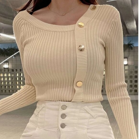 rib knit asymmetrical button detail sweater - Picture 5 of 8